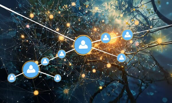 Abstract representation of social connections in a digital landscape with glowing nodes and branches