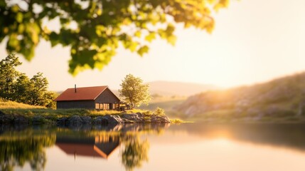 Serene lakeside cabin at sunrise surrounded by nature and tranquil waters reflecting the warm glow of morning light