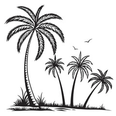 Tree silhouette and Tropical leaves vector isolated on white background.