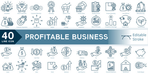 profitable business icon set, simple line element profitable business with editable stroke, profitable business simple icon, icon line style vector image