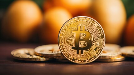 Gold bitcoin coin on table with egg in blurred background, symbolizing inflation and prosperity in modern digital finance.