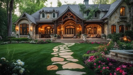 Fototapeta premium Elegant mansion with stone pathway surrounded by lush garden in evening light