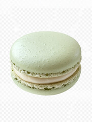 A single, pastel green macaron with a delicate, textured surface and a creamy white filling, isolated on a textured white background
