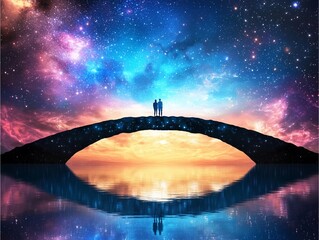 bridge made of stardust stretching between two parallel worlds, where the sky reflects the cosmos and gravity bends in mesmerizing patterns, double exposure fantasy,night sky,sci-fi 