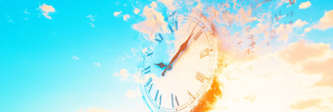 Bursts of time clock face exploding into fragments to symbolize time running out and fleeting moments