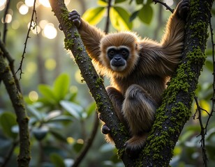 Fototapeta premium A playful gibbon resting on a mossy tree branch