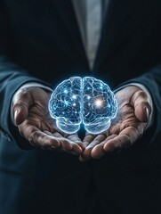 A businessman holding a glowing holographic image of an AI brain, representing the potential of AI technologies in transforming investment strategies. The dark background and copy space emphasize the