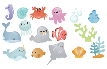 Cute sea animals illustration set vector