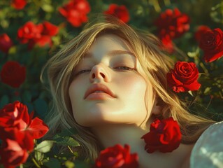 Naklejka premium top angle photo, woman lying on green grass with beautiful red roses beside her, loose blonde hair, beautiful gaze