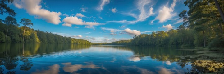 Fototapeta premium Tranquil Lake Scene Reflecting Blue Sky and Clouds Amidst Lush Green Forest Serenity