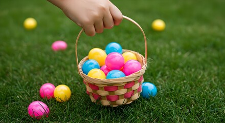 Colorful eggs in basket. Child hunting Easter plastic eggs. Game on green field