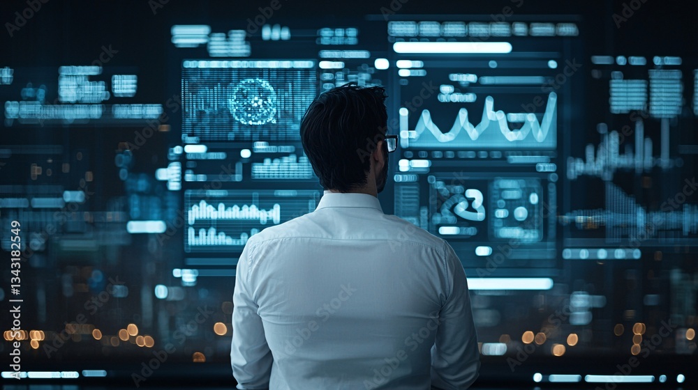 Poster a businessman stands thoughtfully in front of a large digital screen displaying graphs and charts re
