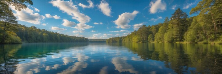 Reflections of Serenity: Verdant Trees and Azure Skies on a Calm Lake Surface