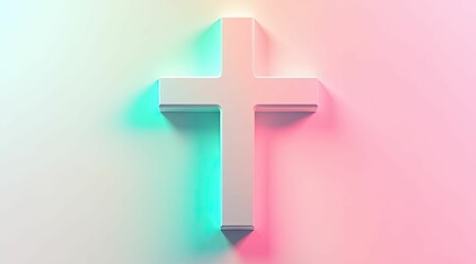 Obraz premium A white cross, illuminated by gentle light, stands gracefully against a calming pastel gradient, evoking spiritual serenity.