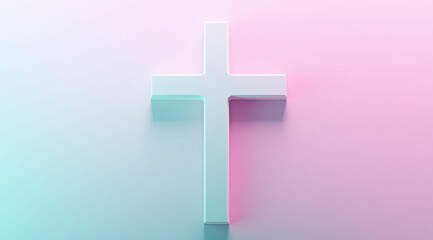 Obraz premium A white cross, illuminated by gentle light, stands gracefully against a calming pastel gradient, evoking spiritual serenity.