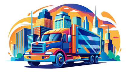 Vibrant double exposure of a freight truck overlaying a city skyline, symbolizing urban cargo transport White background