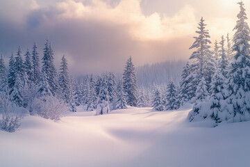 Fototapeta premium Snow-covered landscape in a serene winter forest at dusk with soft light and heavy clouds above