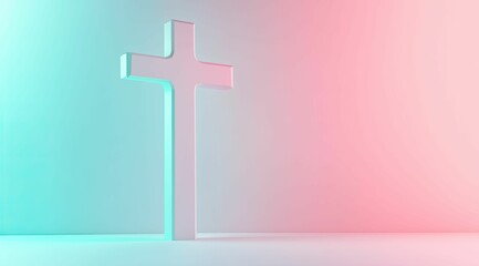 Obraz premium A white cross, illuminated by gentle light, stands gracefully against a calming pastel gradient, evoking spiritual serenity.