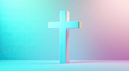 Obraz premium A white cross, illuminated by gentle light, stands gracefully against a calming pastel gradient, evoking spiritual serenity.