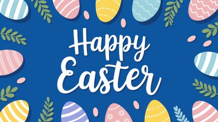 Colorful Easter egg decoration with floral accents, vibrant blue background, joyful spring celebration, happy Easter greeting, festive holiday design, seasonal festivities.