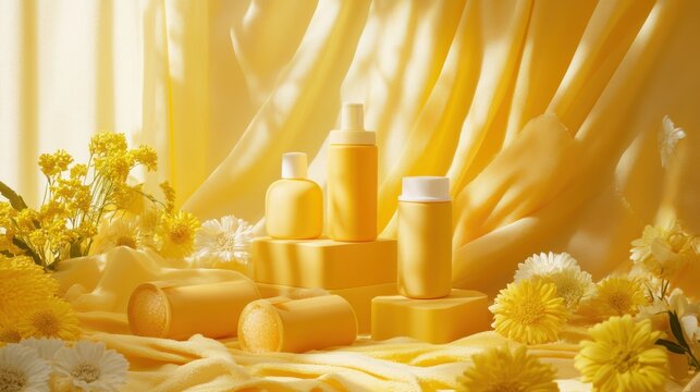 A vibrant yellow surface, adorned with a collection of sunblock products, ready to shield skin from the sun is rays. A sense of summer tranquility and protection fills the air.