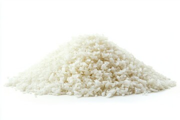 Pile of fluffy white rice on a clean white backdrop showcasing organic staple crop in simple studio shot