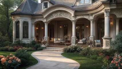 Fototapeta premium Elegant mansion entrance with floral landscape in peaceful garden setting