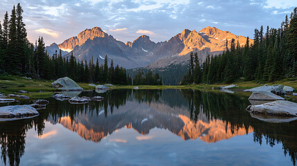 Fototapeta premium Serene Mountain and Lake Reflections in Soft Pastel and Blue Hues 
