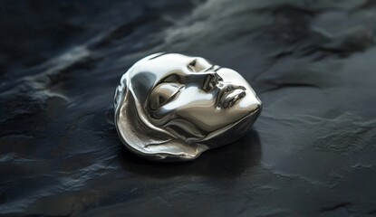 Polished metal face sculpture rests on dark stone