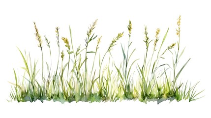 Watercolor painting of grassy plants and delicate green grasses