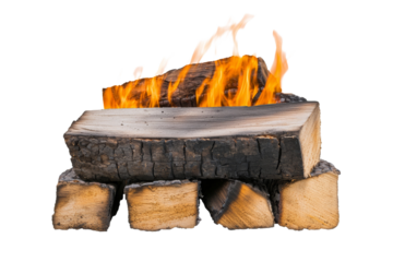 Pile of wood with a fire burning in the middle, isolated