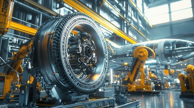 a high-quality 3D depiction of an aerospace manufacturing facility, where engineers and robots assemble futuristic aircraft components in a sleek, modern environment.
