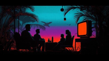 Family Night  Tropical Sunset  Retro TV  Cozy Living Room