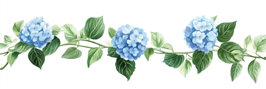 Delicate light blue hydrangea blossoms and green leaves elegantly arranged along a vine, creating a charming floral border