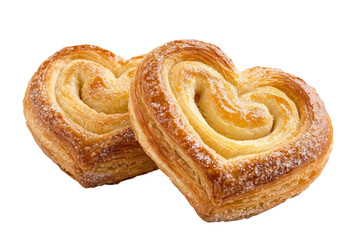 Fototapeta premium Two heart-shaped pastries with powdered sugar on top, isolated