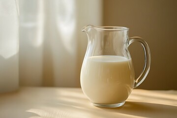 A pitcher of fresh milk basking in morning sunlight, a simple yet elegant scene of creamy goodness on a light wooden table.