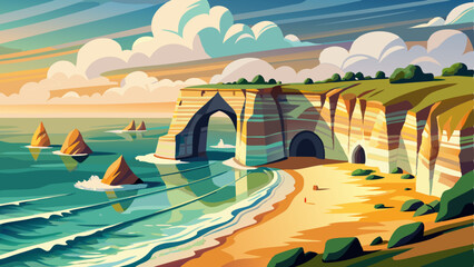 vector of serene panorama of the alabaster coast in Normandy, with dramatic arches and waves crashing gently on the sandy beach © koushkij