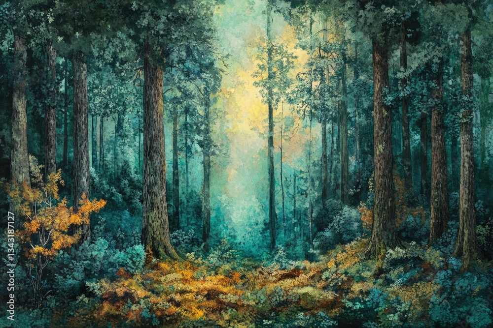 Aufkleber a serene forest path bathed in soft, ethereal light, tall trees create a mystical atmosphere.