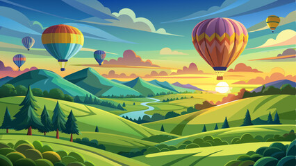 vector of breathtaking landscape with colorful hot air balloons floating gracefully over rolling green hills at sunrise © koushkij
