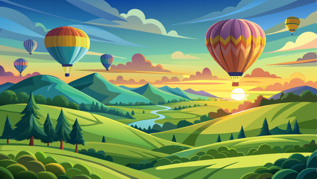 vector of breathtaking landscape with colorful hot air balloons floating gracefully over rolling green hills at sunrise