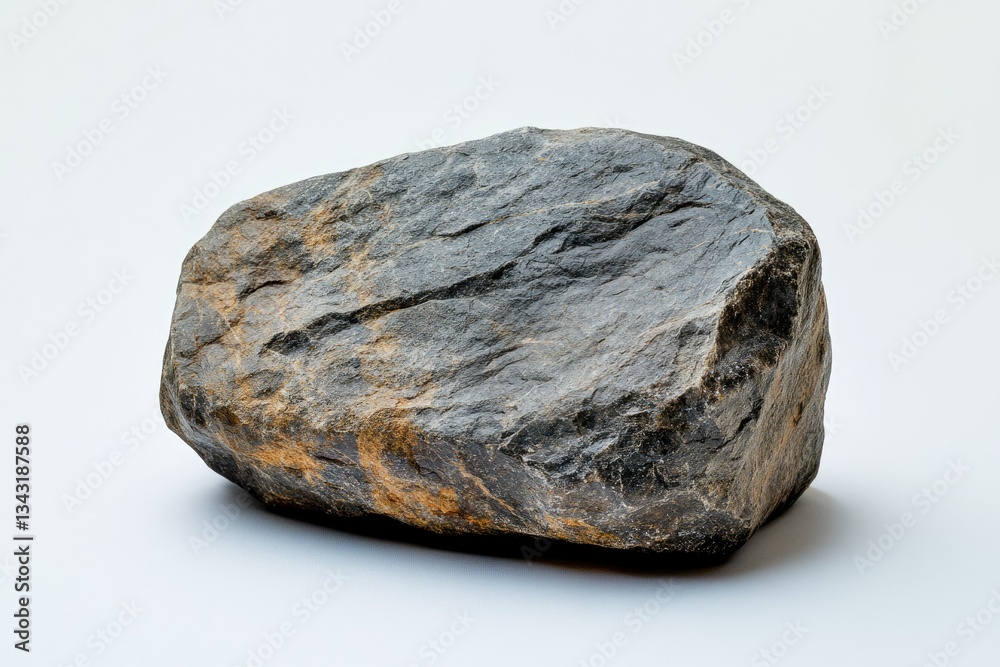 Poster a single, dark gray and brown boulder with rough texture sits on a white background.