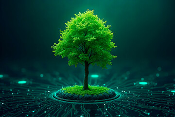 A tree with soil growing at the intersection of digital networks.created with the help of artificial intelligence.