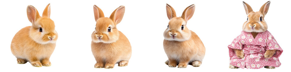 Fototapeta premium Collection of cute and fluffy rabbit portraits including a bunny wearing a pink floral dress