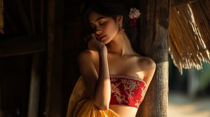 *Lighting Conditions:** The lighting is soft and natural, likely from sunlight filtering through an opening. It highlights the model's face and upper body, creating a warm and serene ambiance.Model's 