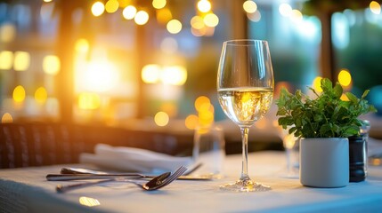 Elegant Wine Glass on a Table in Warm Light with Decorative Mint Plant for Culinary Excellence