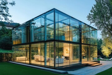 Naklejka premium A transparent house made entirely of reinforced glass