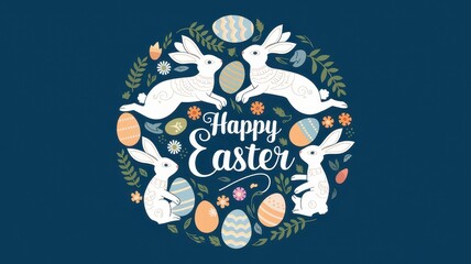 Easter celebration design featuring cute rabbits, colorful decorated eggs, floral elements, joyful greeting, holiday joy, spring festivities, seasonal artwork.