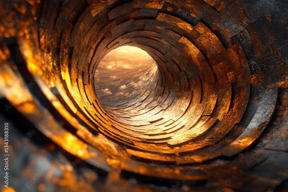 Poster a mesmerizing view into a golden, stone-like tunnel leading towards a bright light at the end.