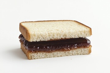 Simple sandwich of white bread and dark jam stacked on a bright background in a close up view