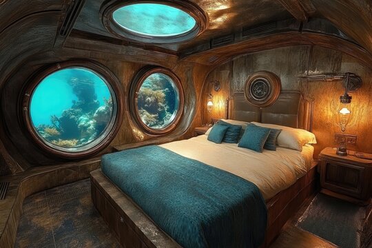 An underwater submarine bedroom with periscope windows and ocean sounds